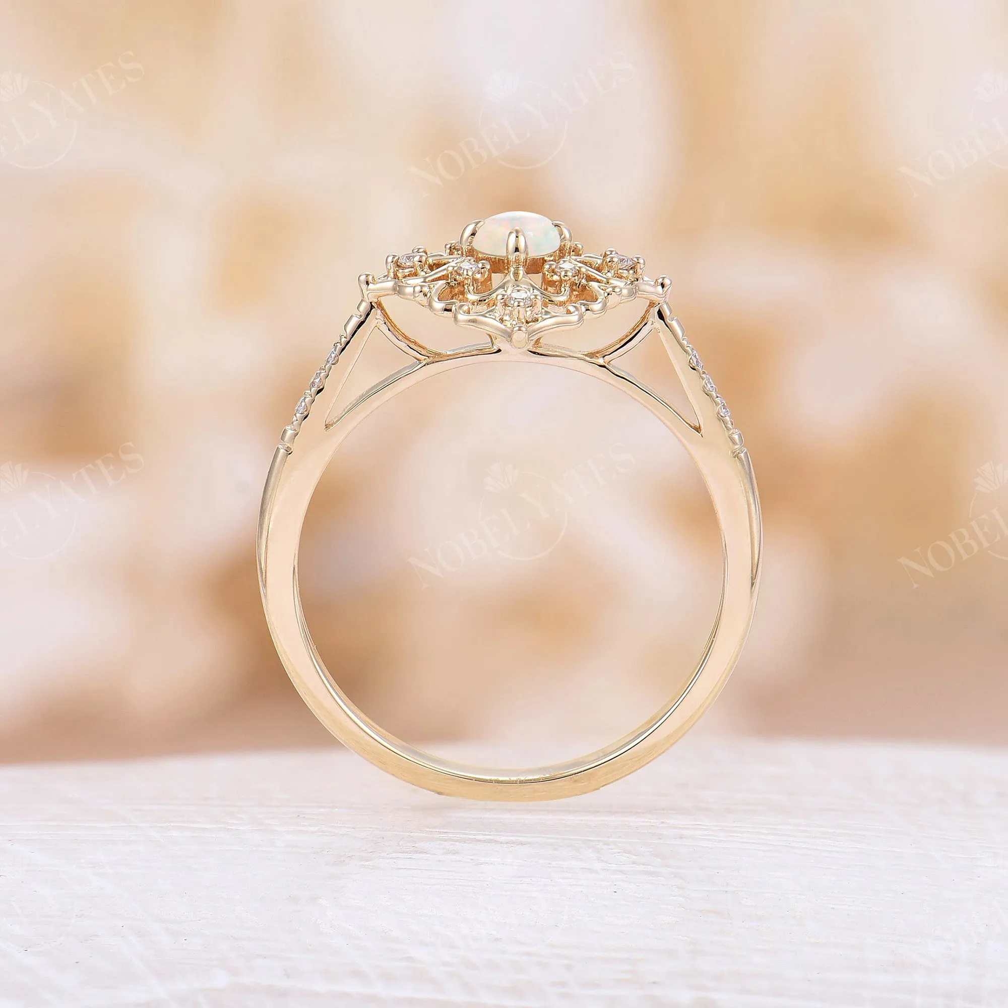 Vintage Round White Opal Filigree Engagement Ring Yellow Gold