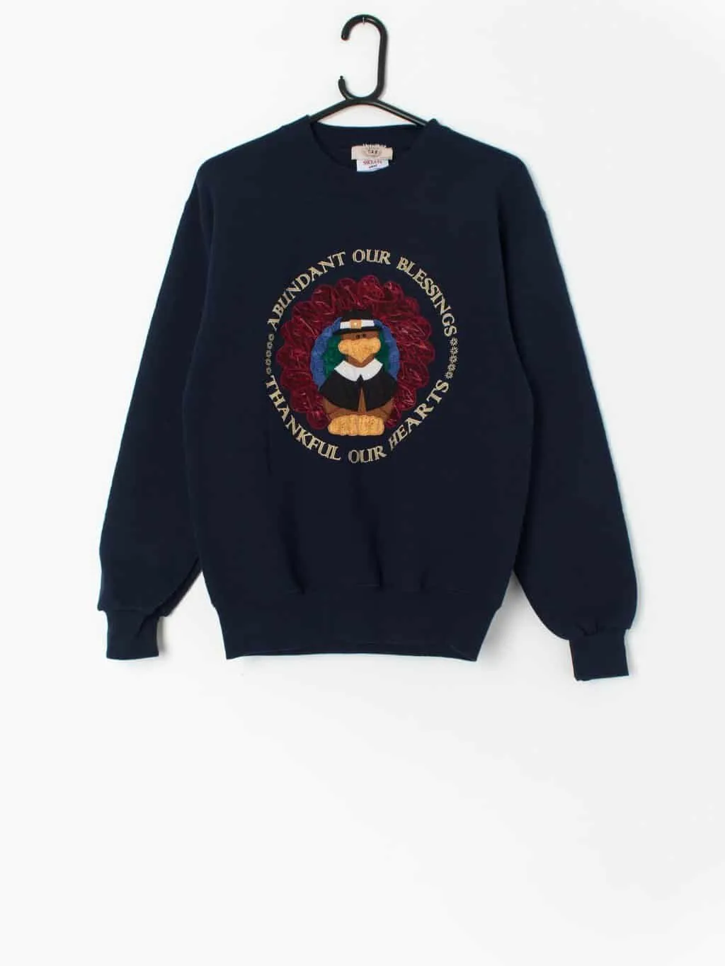 Vintage thanksgiving sweatshirt with large funky turkey design in navy blue – Small