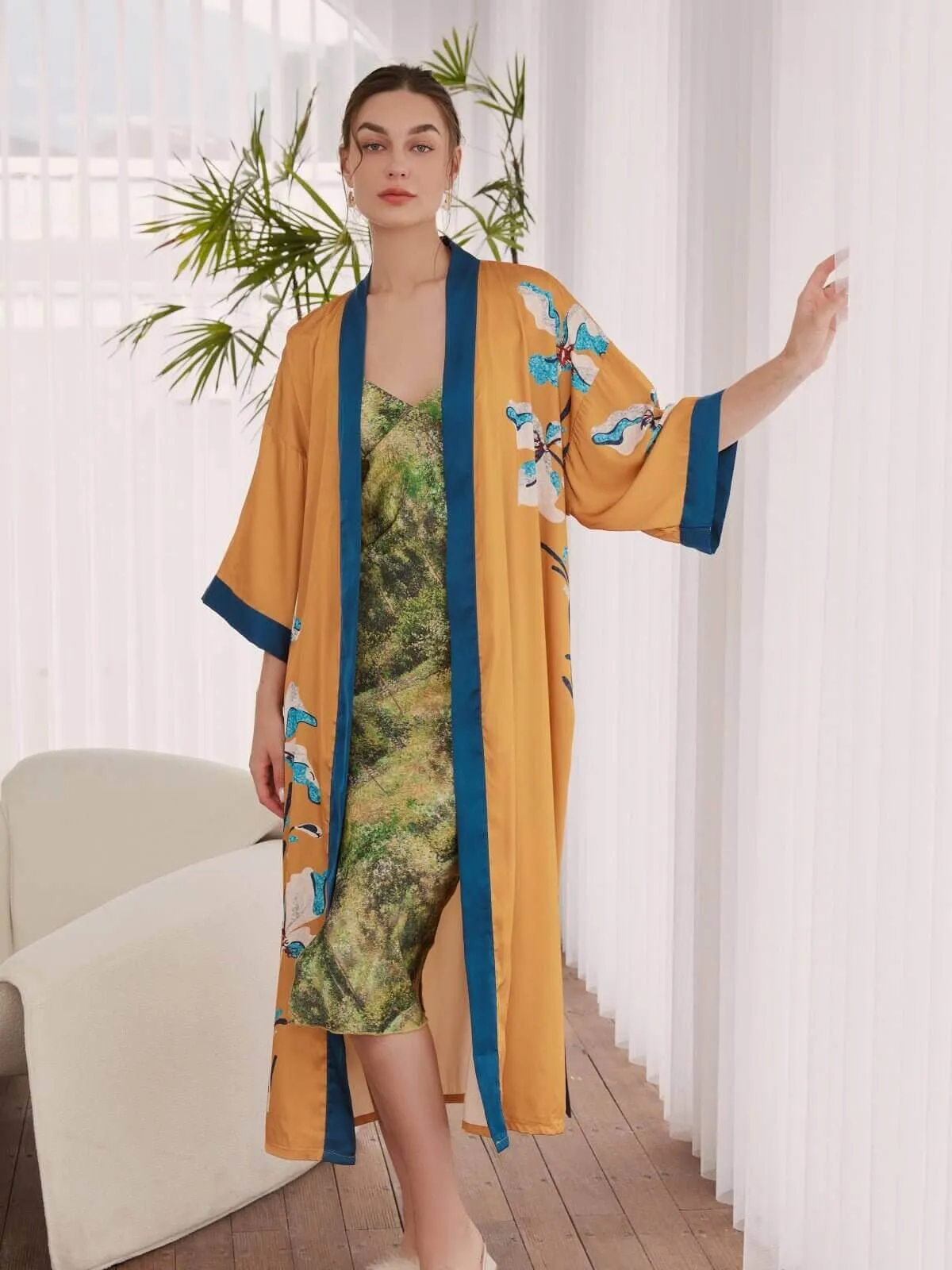 Wildflower Kimono Robe, Floral Print Contrast Robe