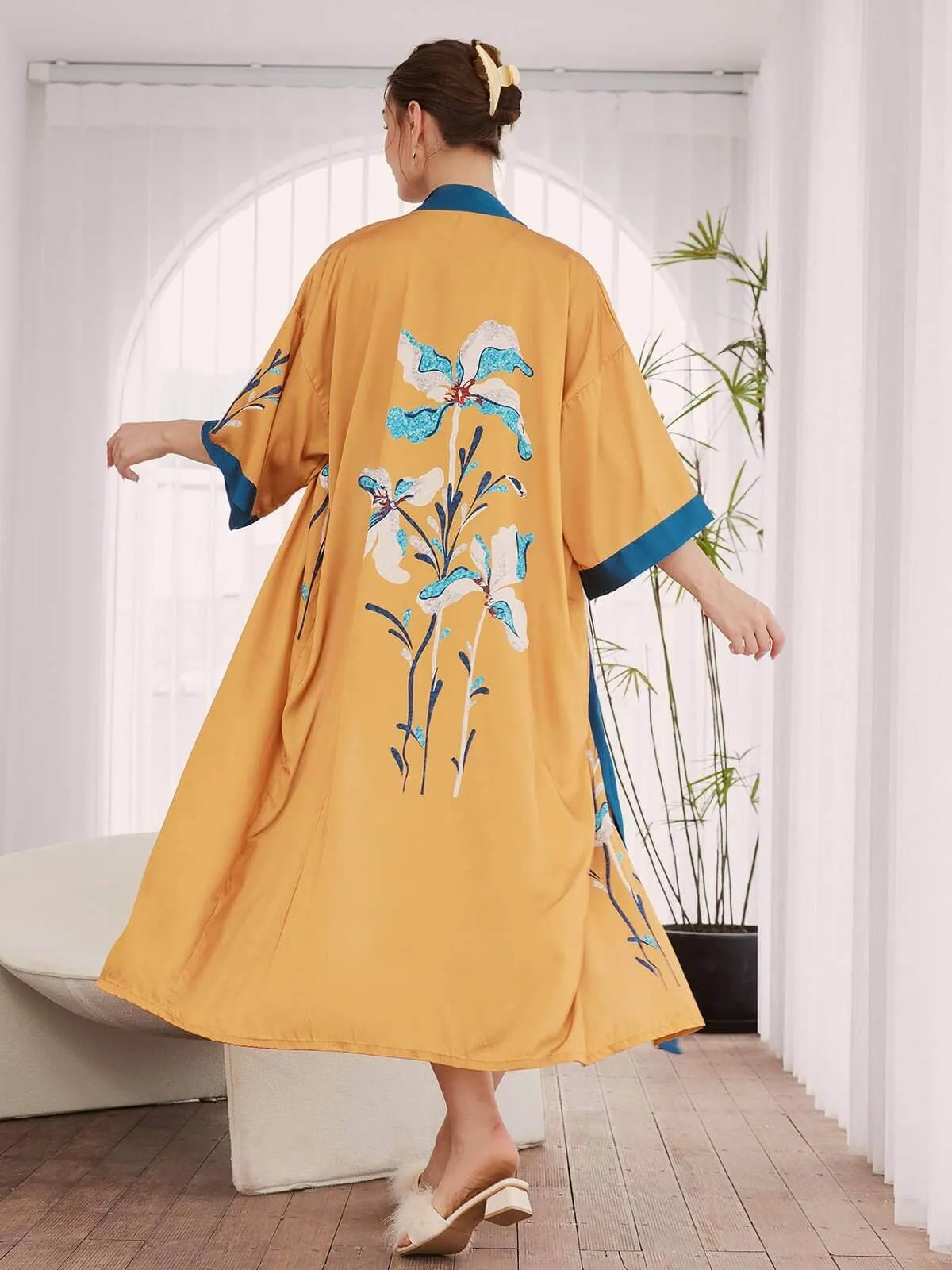 Wildflower Kimono Robe, Floral Print Contrast Robe