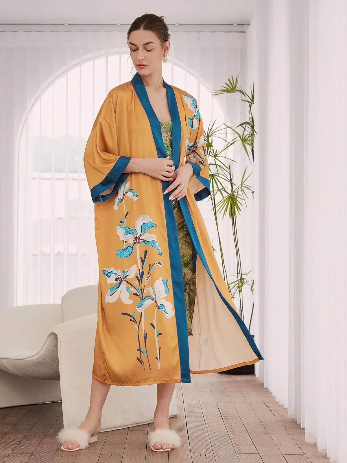 Wildflower Kimono Robe, Floral Print Contrast Robe