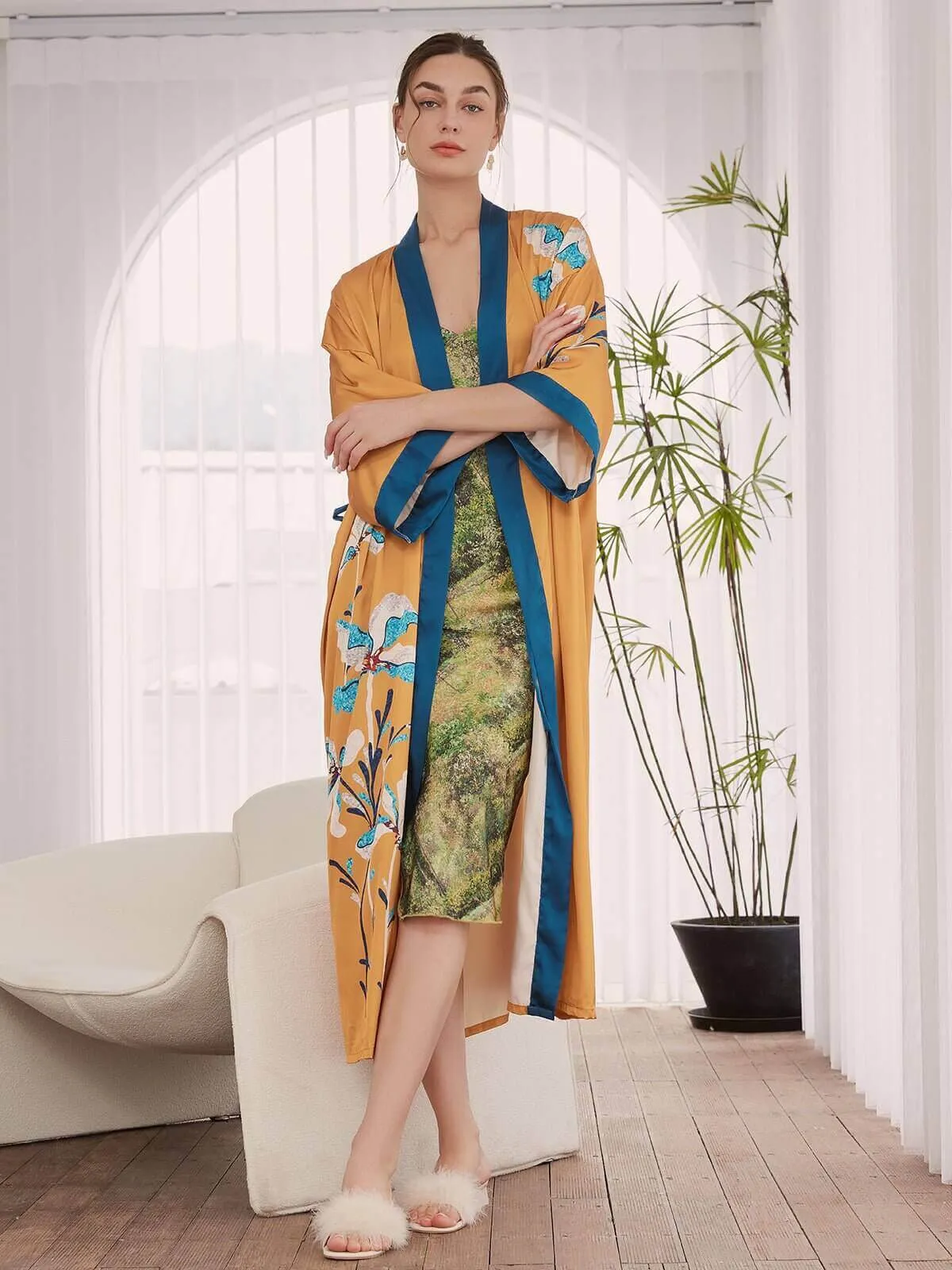 Wildflower Kimono Robe, Floral Print Contrast Robe