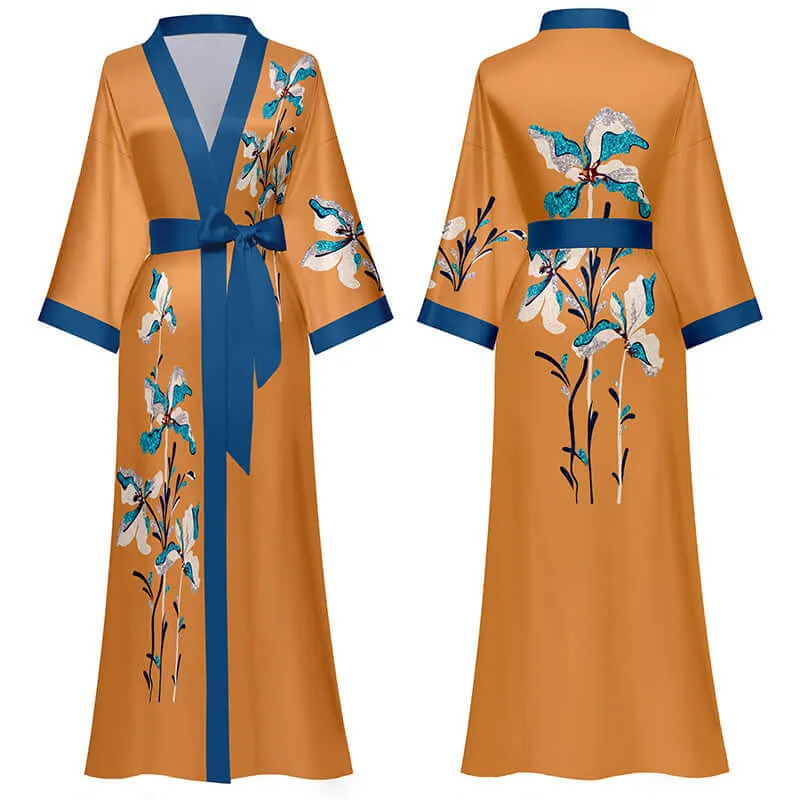 Wildflower Kimono Robe, Floral Print Contrast Robe