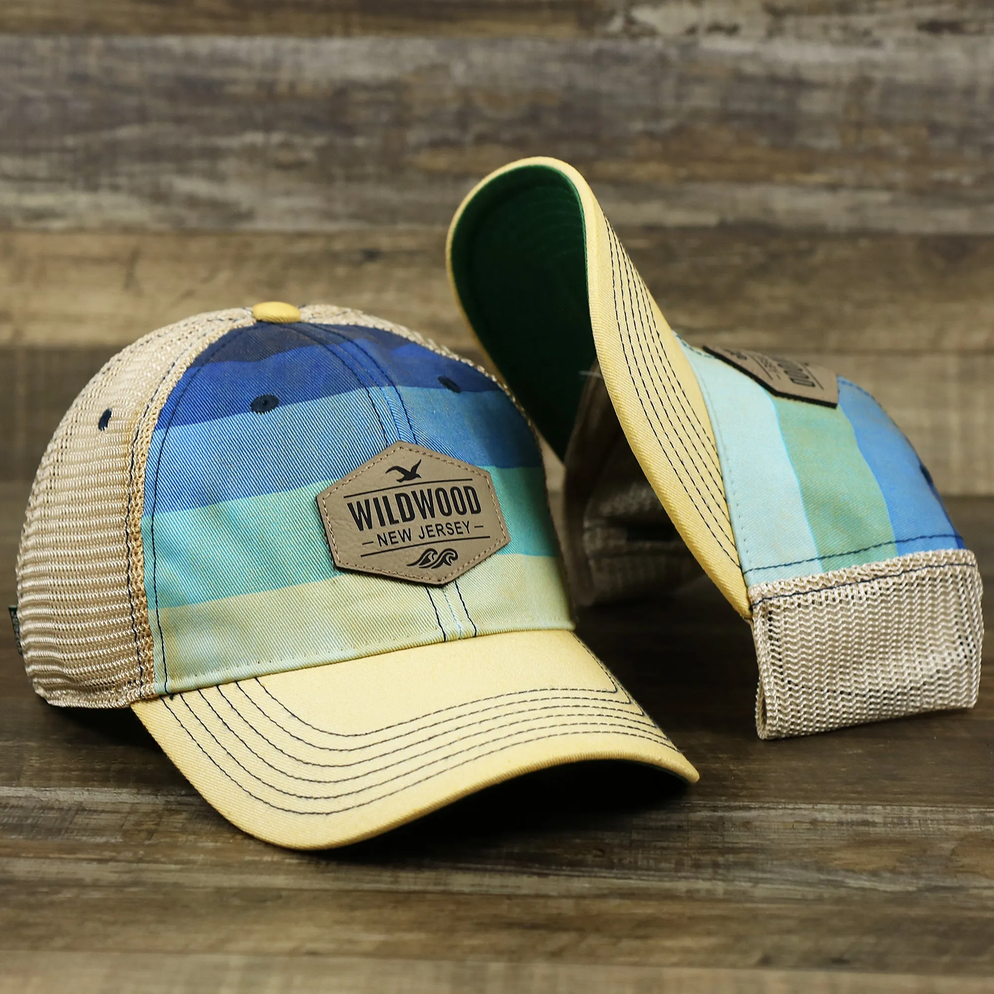 Wildwood NJ Leather Patch Shoreline Gradient Design Vintage Trucker Hat | Washed Gradient Trucker Hat