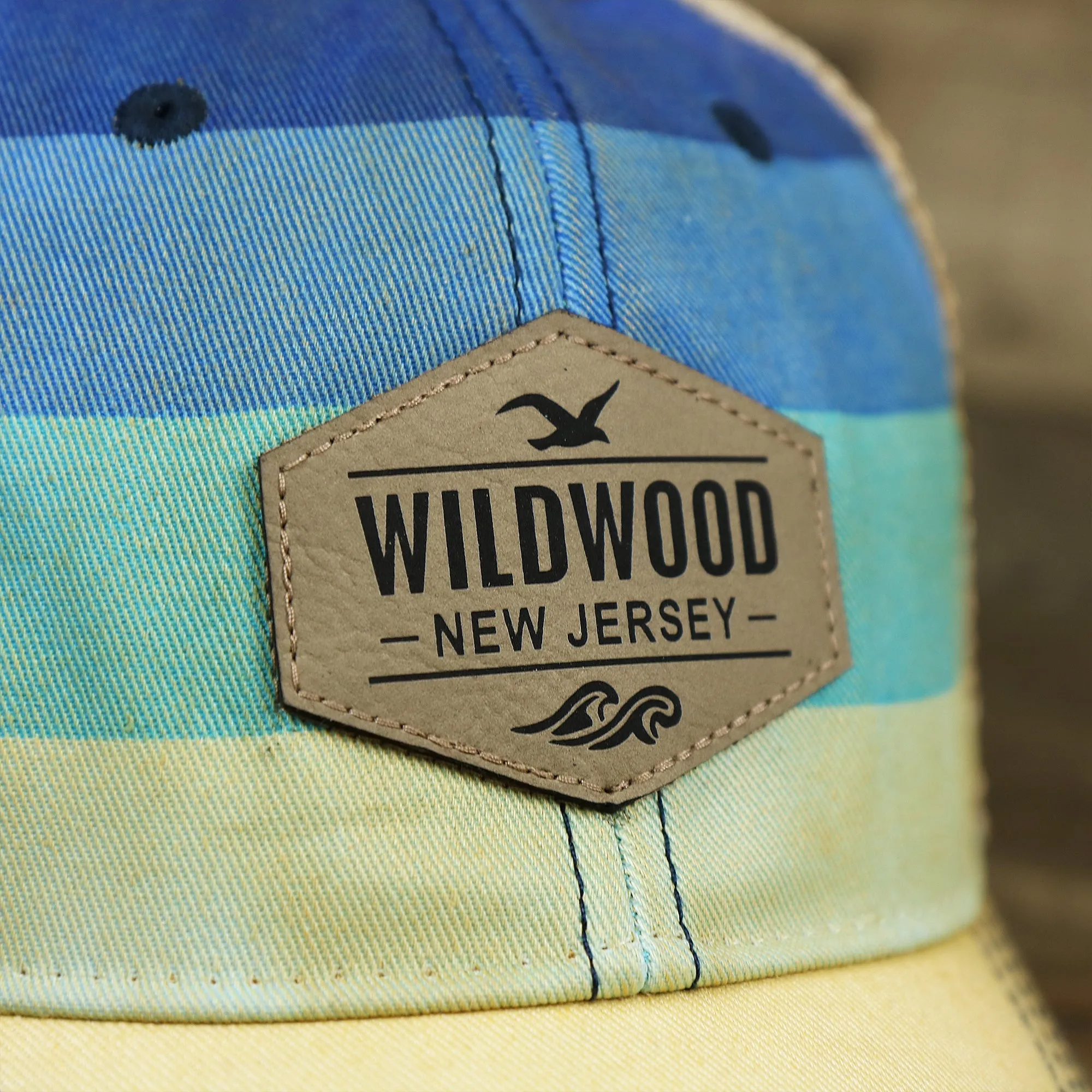 Wildwood NJ Leather Patch Shoreline Gradient Design Vintage Trucker Hat | Washed Gradient Trucker Hat