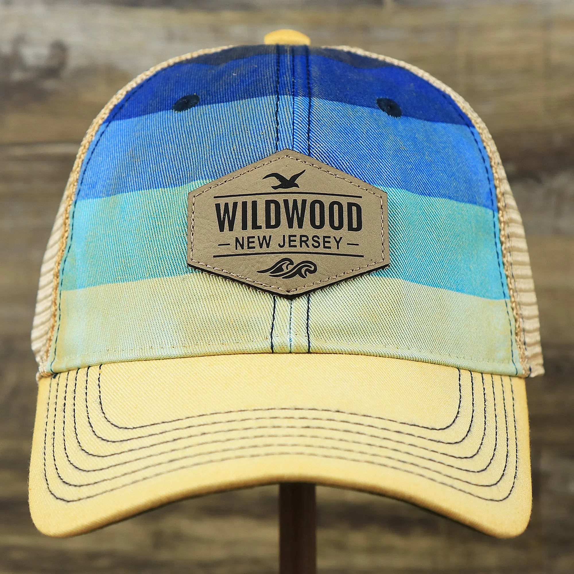 Wildwood NJ Leather Patch Shoreline Gradient Design Vintage Trucker Hat | Washed Gradient Trucker Hat