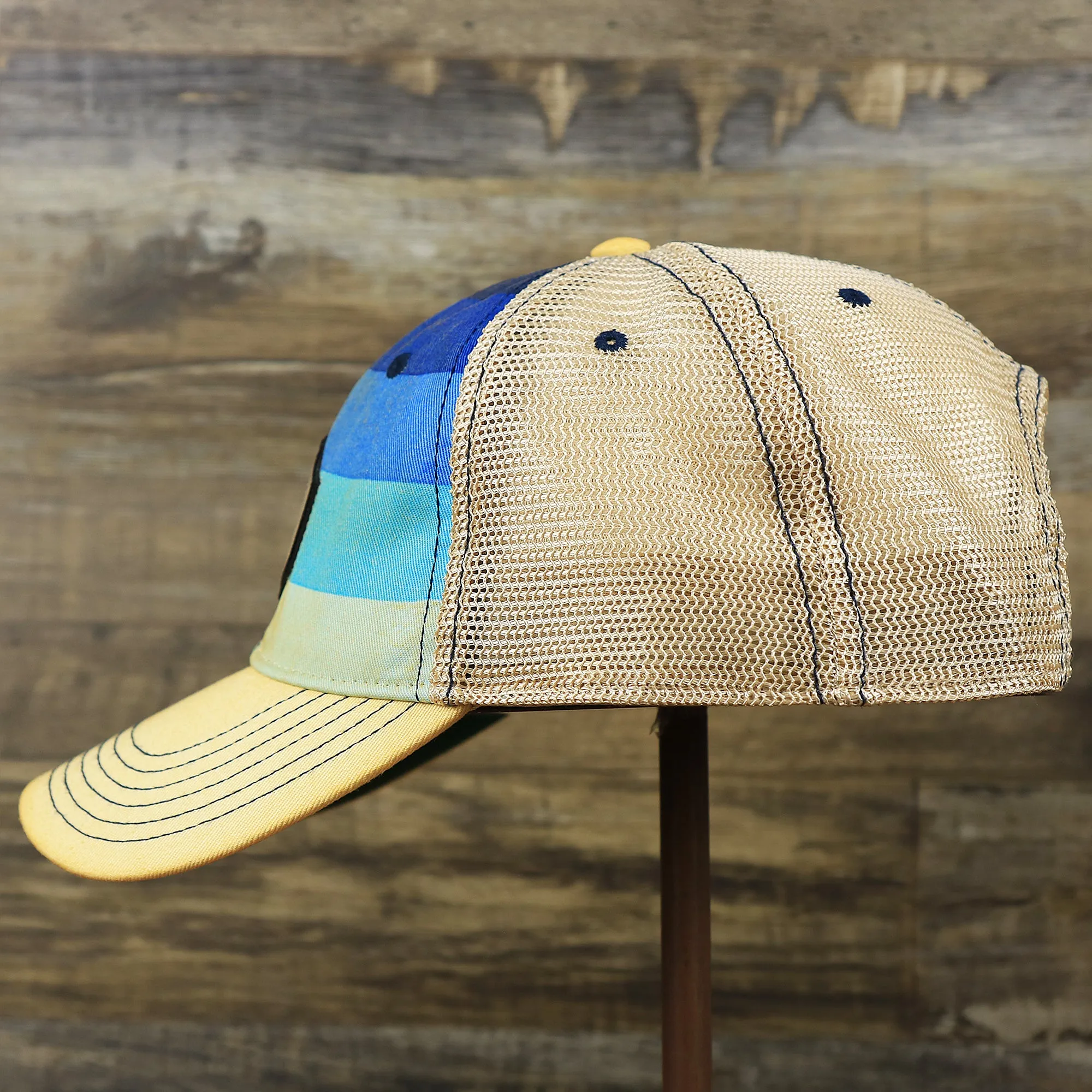 Wildwood NJ Leather Patch Shoreline Gradient Design Vintage Trucker Hat | Washed Gradient Trucker Hat