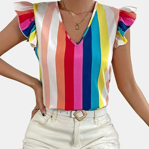 Women's Blouse Short Sleeve Blouses Ruffles Casual Rainbow Stripe