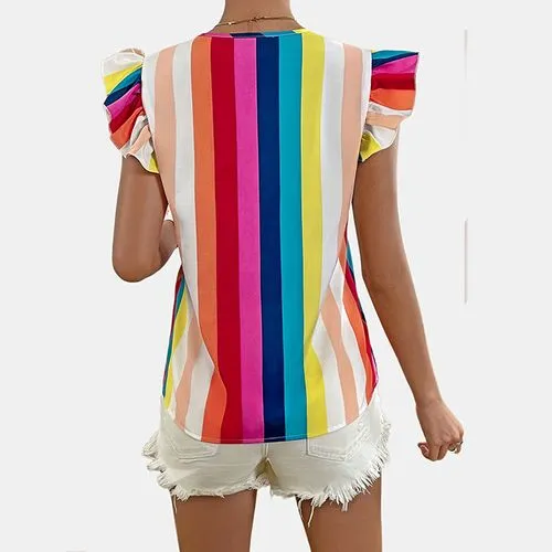 Women's Blouse Short Sleeve Blouses Ruffles Casual Rainbow Stripe