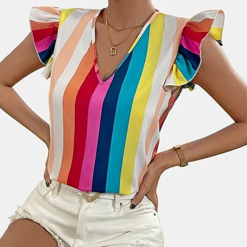 Women's Blouse Short Sleeve Blouses Ruffles Casual Rainbow Stripe