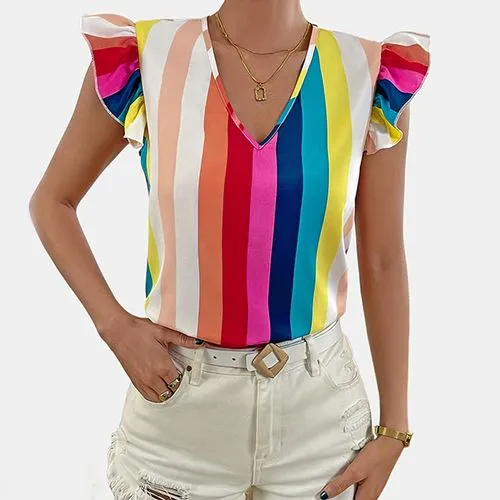 Women's Blouse Short Sleeve Blouses Ruffles Casual Rainbow Stripe