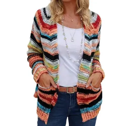 Women's Cardigan Sweater Long Sleeve Sweaters & Cardigans Streetwear Rainbow Stripe