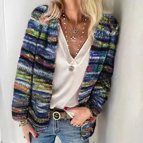 Women's Cardigan Sweater Long Sleeve Sweaters & Cardigans Streetwear Rainbow Stripe