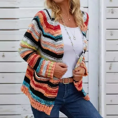 Women's Cardigan Sweater Long Sleeve Sweaters & Cardigans Streetwear Rainbow Stripe