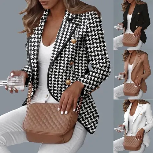 Women's Elegant Houndstooth Patchwork Button Placket Coat Small Suit