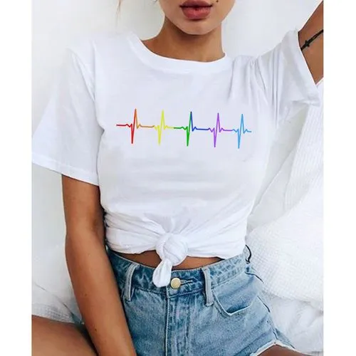 Women's T-shirt Short Sleeve T-shirts Printing Casual Letter Rainbow Heart Shape