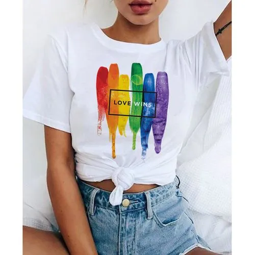 Women's T-shirt Short Sleeve T-shirts Printing Casual Letter Rainbow Heart Shape