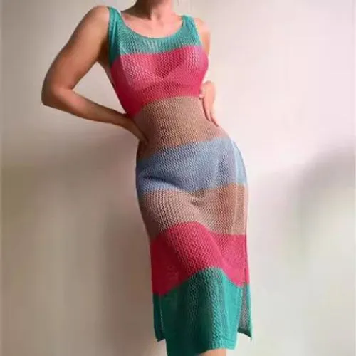 Women's Tank Dress Vacation V Neck Ripped Hollow Out Sleeveless Rainbow Midi Dress Daily Beach