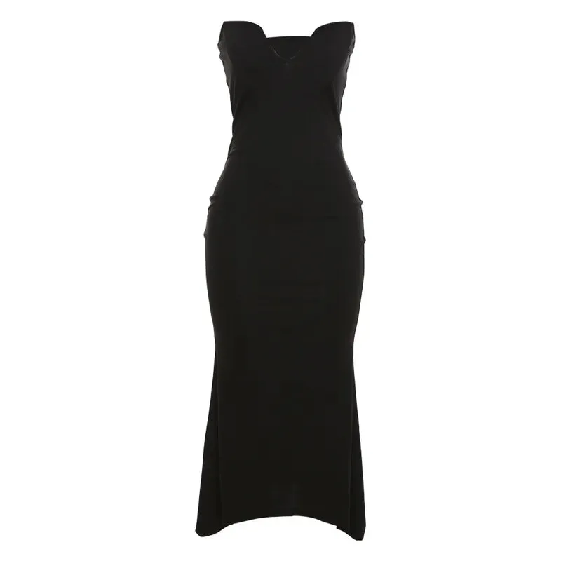 Women's Black Sexy Strapless V-Neck Backless Maxi Bodycon Dress