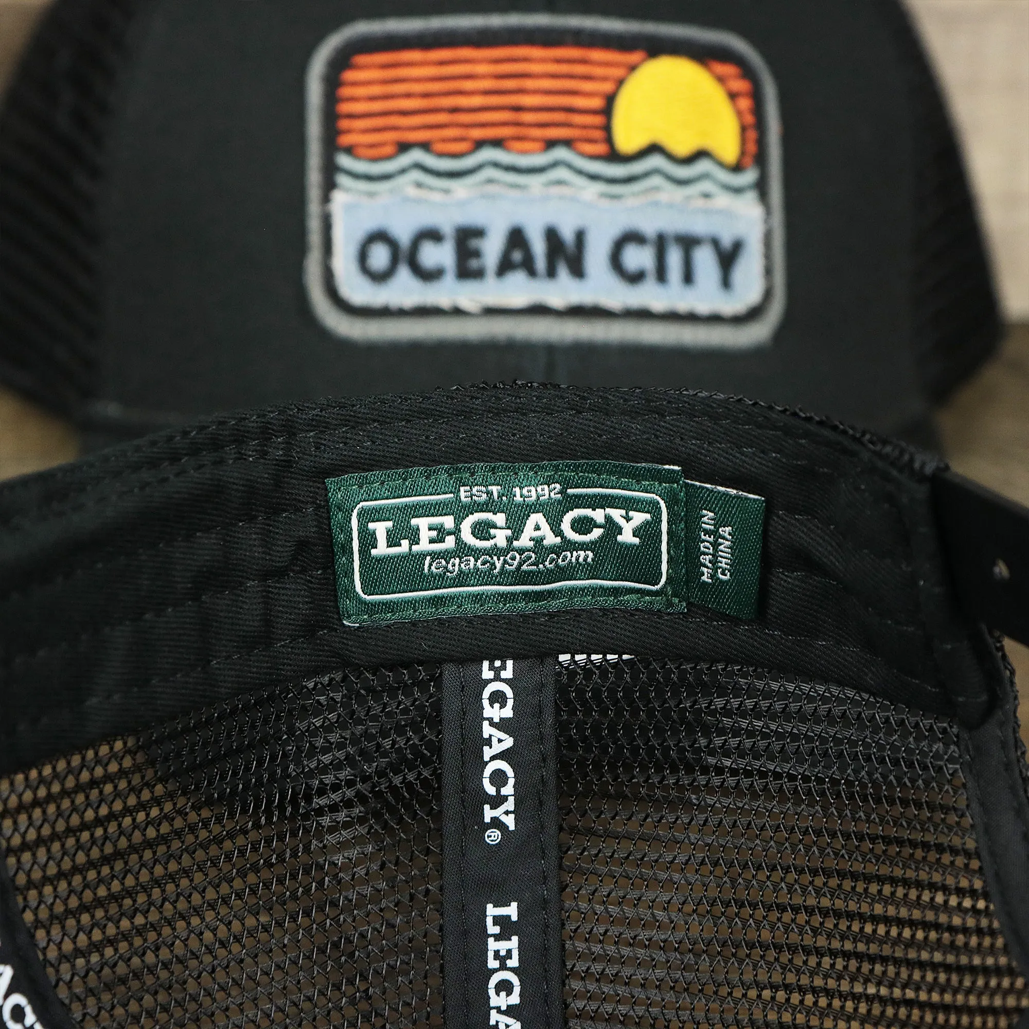 Youth Ocean City Sunset Trucker Hat - Black and Black Mesh