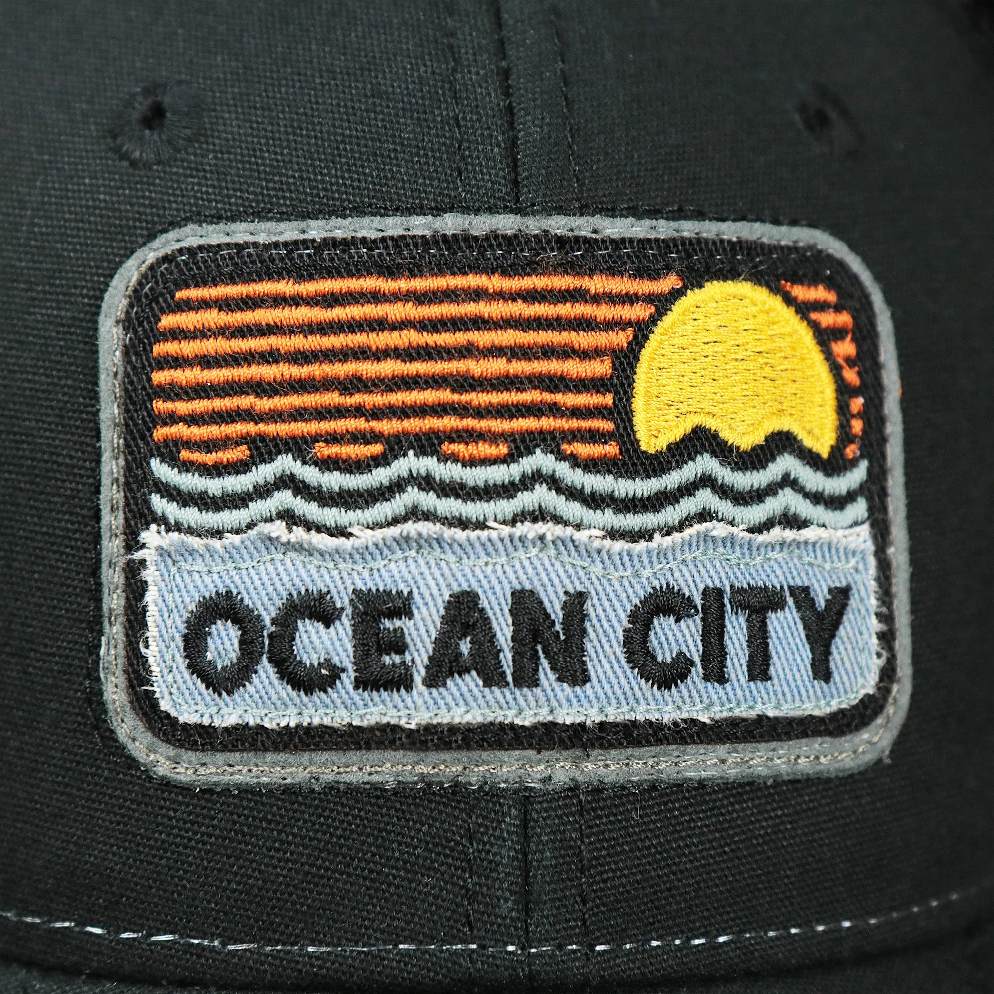 Youth Ocean City Sunset Trucker Hat - Black and Black Mesh