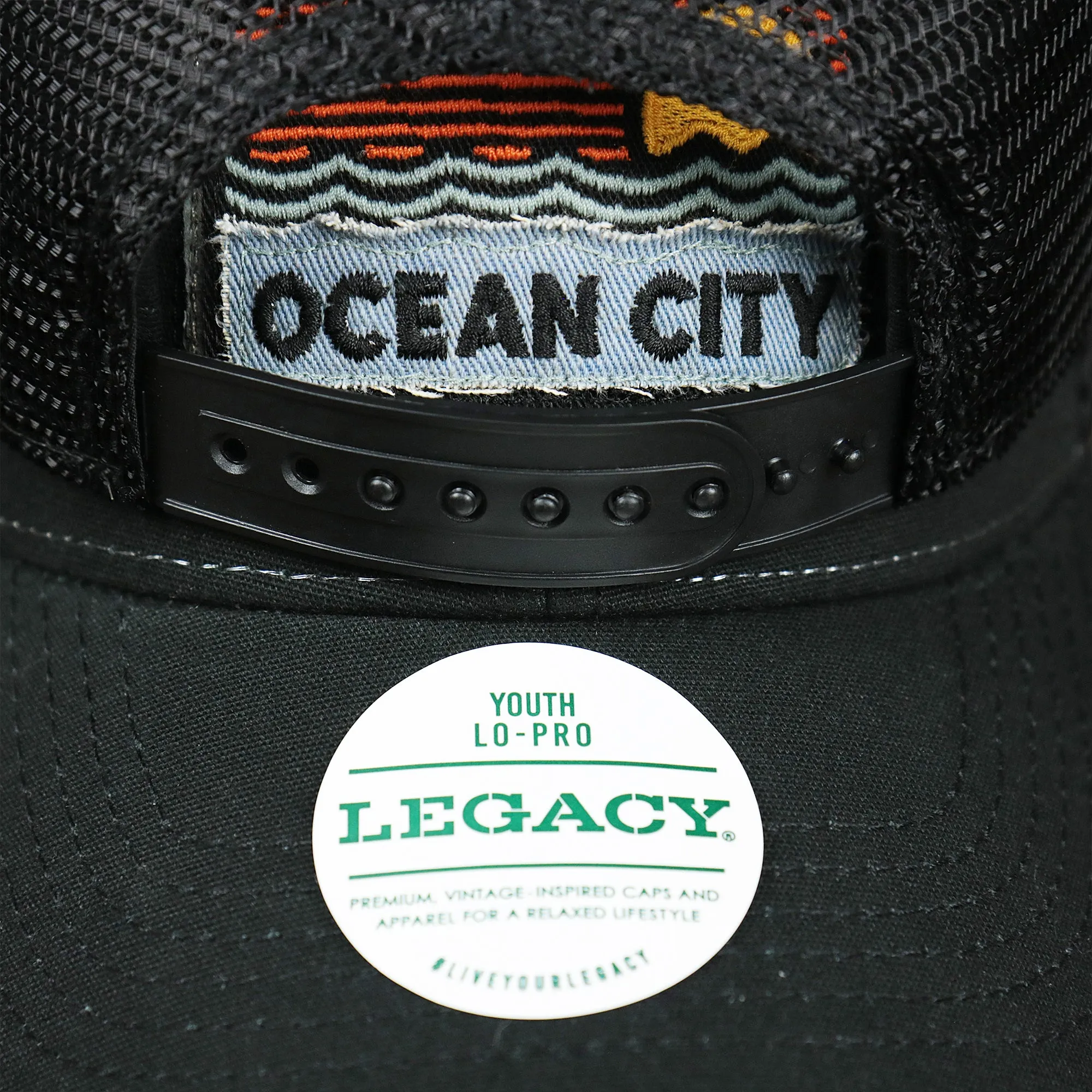 Youth Ocean City Sunset Trucker Hat - Black and Black Mesh