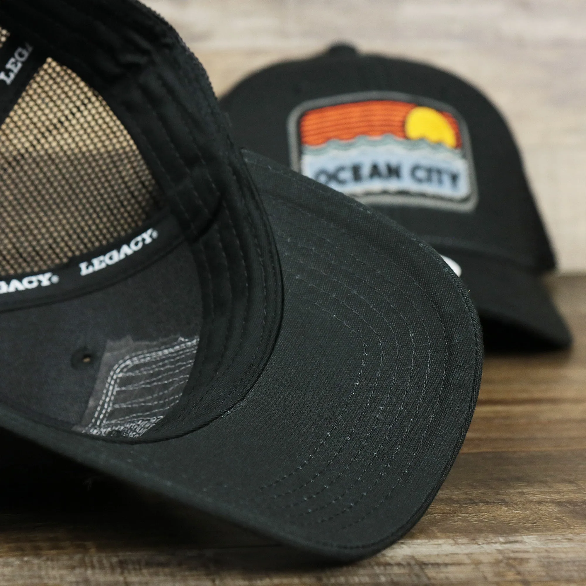 Youth Ocean City Sunset Trucker Hat - Black and Black Mesh