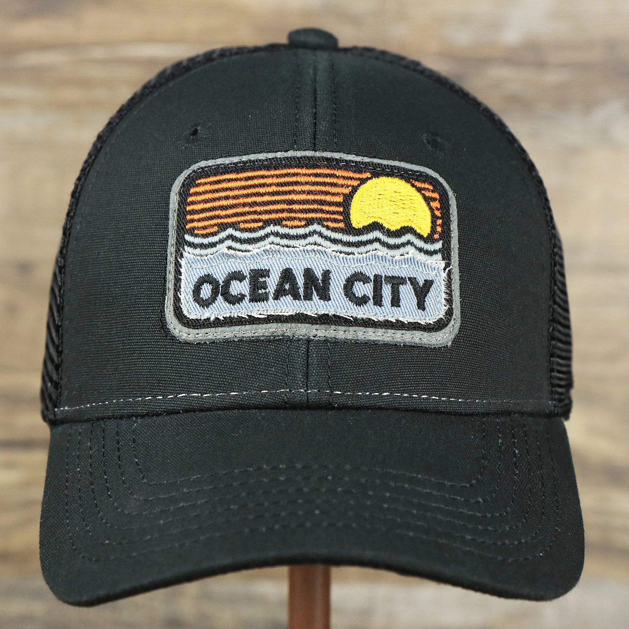 Youth Ocean City Sunset Trucker Hat - Black and Black Mesh