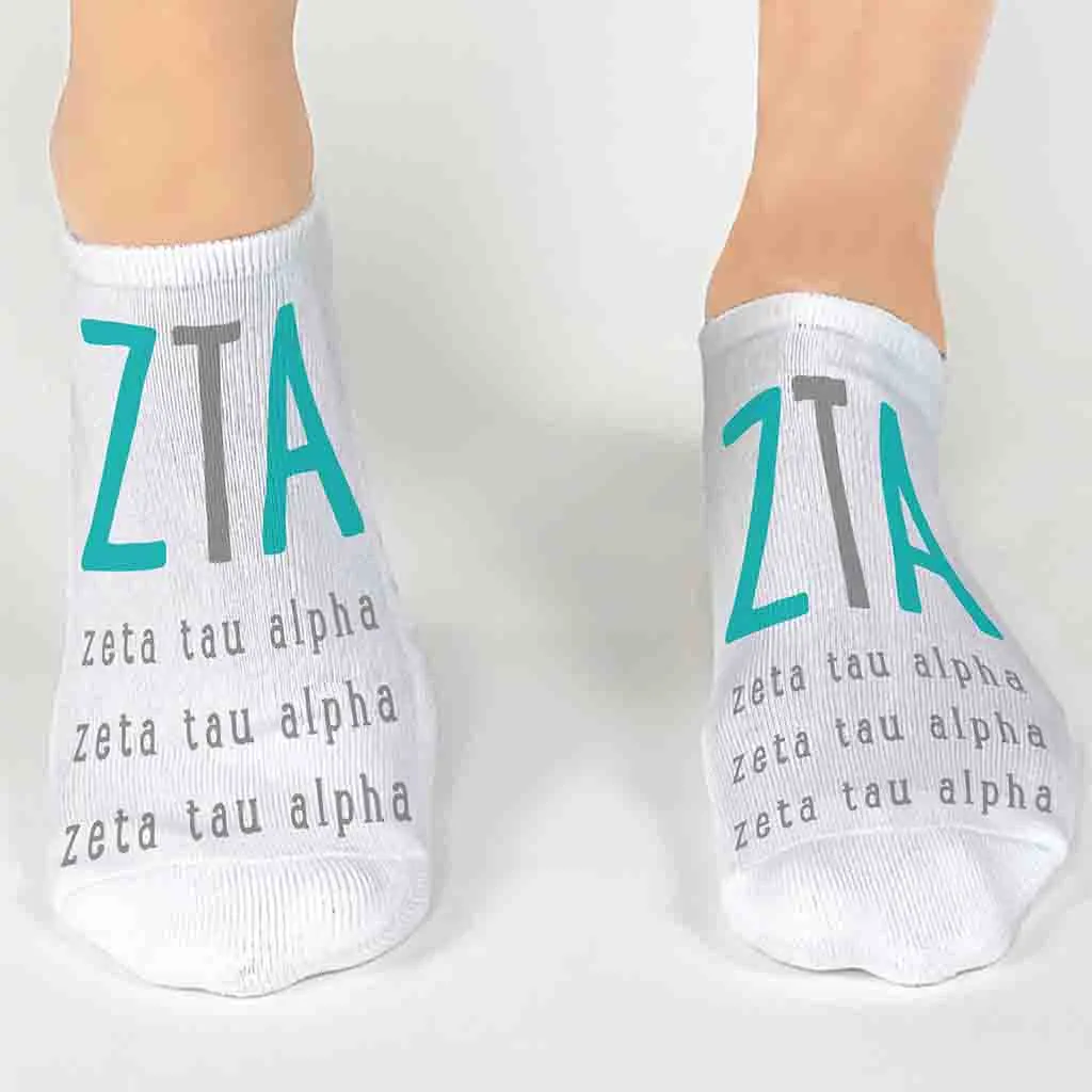 Zeta Tau Alpha Sorority No Show Socks with Large Greek Letters.