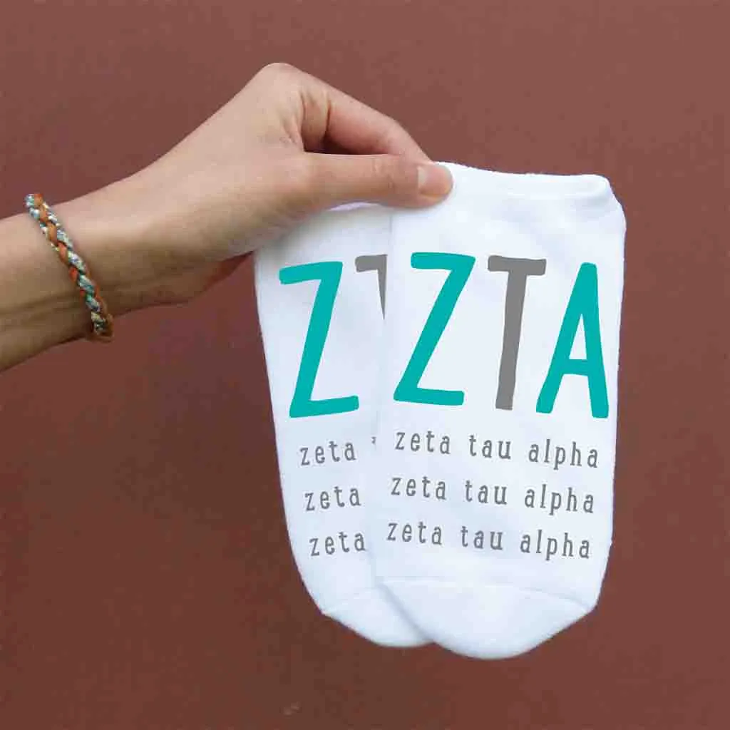 Zeta Tau Alpha Sorority No Show Socks with Large Greek Letters.