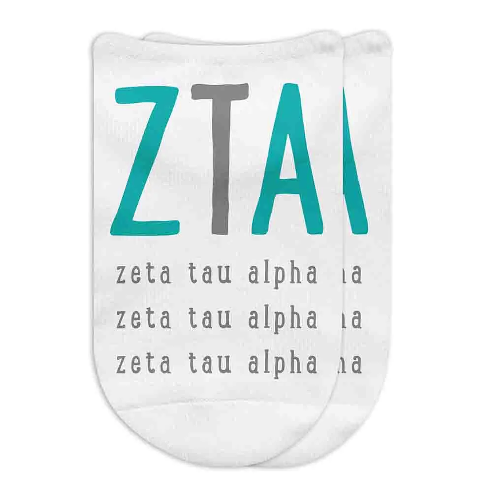 Zeta Tau Alpha Sorority No Show Socks with Large Greek Letters.